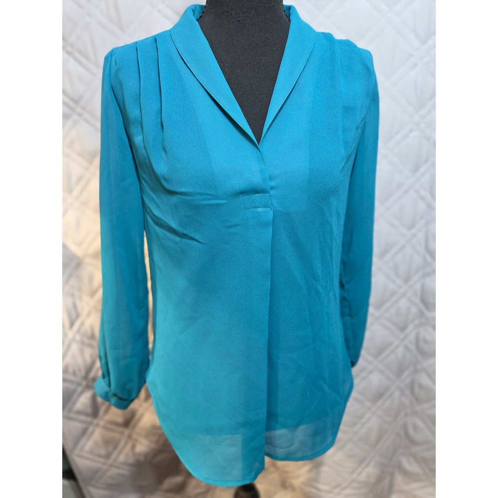 Lloyd Williams Teal Blue V-Neck Pleated Shoulder Long Sleeve Blouse Top